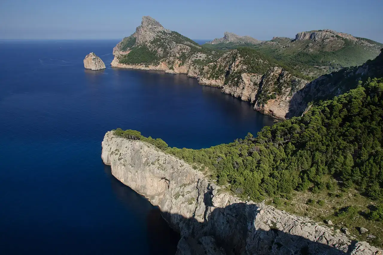 El Fumat with es Colomer island, in Formentor. View from Punta de la Nao, Mallorca