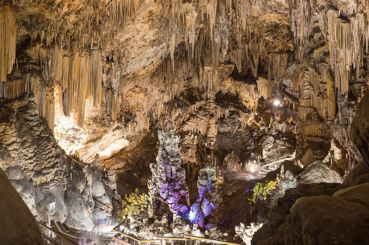Long expo shot of the interior of the Nerja Cave, Spain.