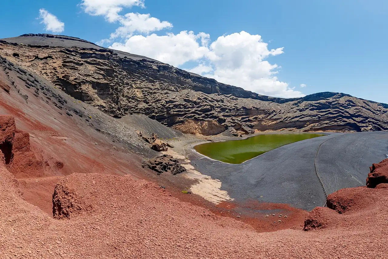 Panorama of the Caldera El Golfo and Charco de los Clicos, El Golfo, Lanzarote, Canary Islands, Spain after recovery work 2015/2016.