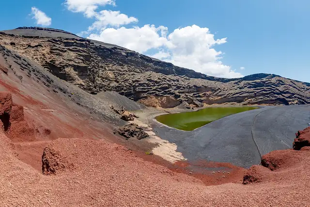 Panorama of the Caldera El Golfo and Charco de los Clicos, El Golfo, Lanzarote, Canary Islands, Spain after recovery work 2015/2016.